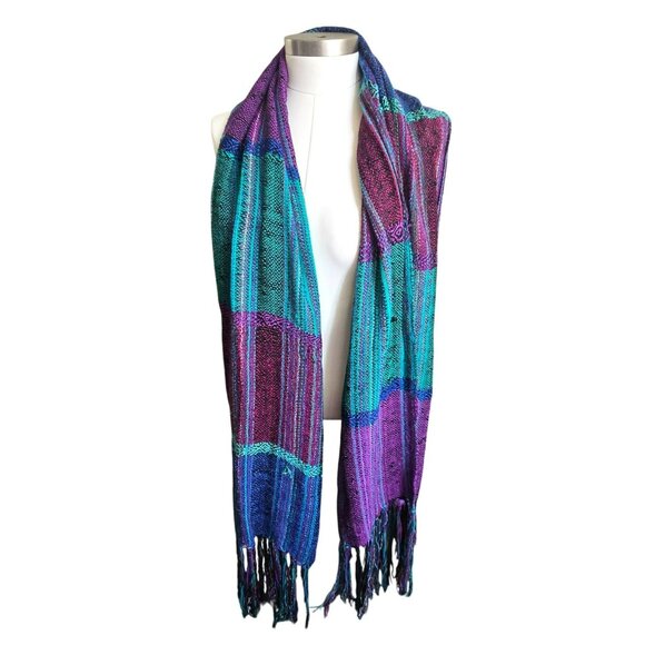 Handwoven Striped Scarf With Fringe Vibrant Purple Teal & Pink Stylish CM2003 - Picture 2 of 4